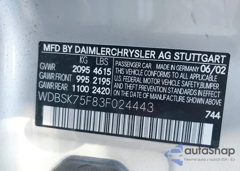 2003 Mercedes-Benz Sl 500 из США, поврежденный, VIN WDBSK75F83F024443